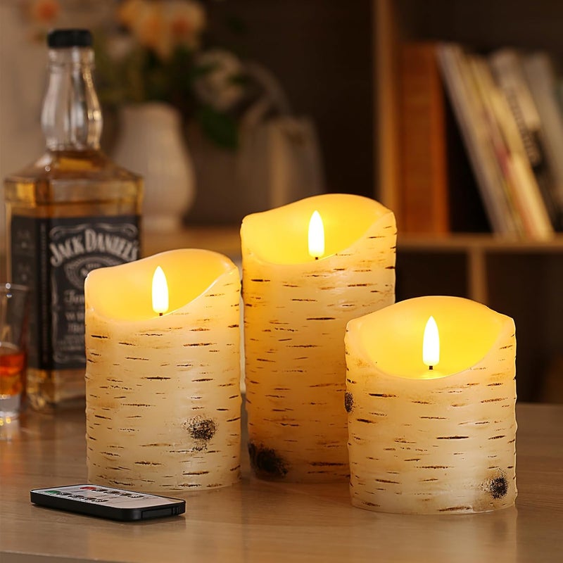 qinxiang Flameless Candles LED Candles Birch Bark Set of 3 (D 3.25" x H 4" 5" 6") Ivory Real Wax Pillar Battery Operated Candles with LED Flame 10-Key Remote Control and Cycling 24 Hours Timer - Image 3